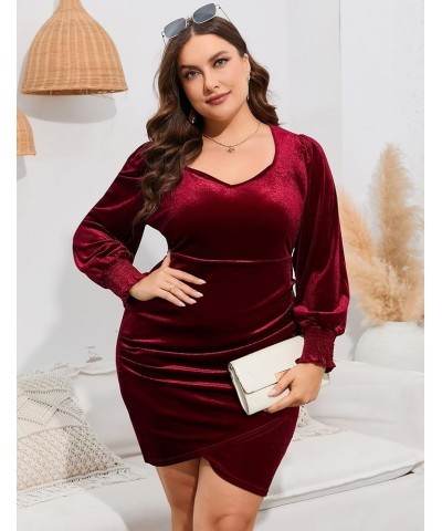 Women Plus Size Velvet Dress Long Sleeve Sweetheart Neck Ruched Stretchy Cocktail Party Midi Dress Wine Red $10.70 Dresses