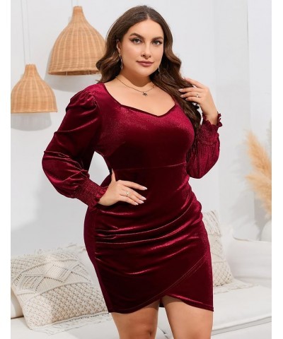 Women Plus Size Velvet Dress Long Sleeve Sweetheart Neck Ruched Stretchy Cocktail Party Midi Dress Wine Red $10.70 Dresses