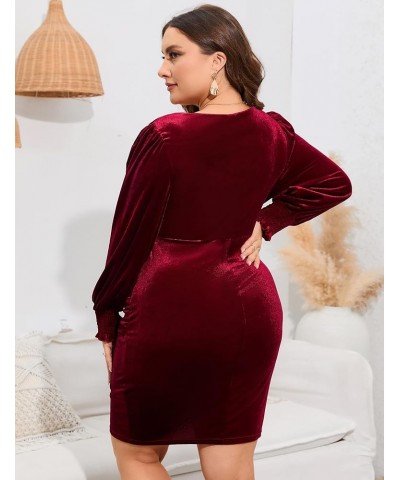 Women Plus Size Velvet Dress Long Sleeve Sweetheart Neck Ruched Stretchy Cocktail Party Midi Dress Wine Red $10.70 Dresses