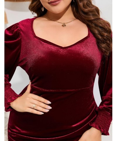 Women Plus Size Velvet Dress Long Sleeve Sweetheart Neck Ruched Stretchy Cocktail Party Midi Dress Wine Red $10.70 Dresses