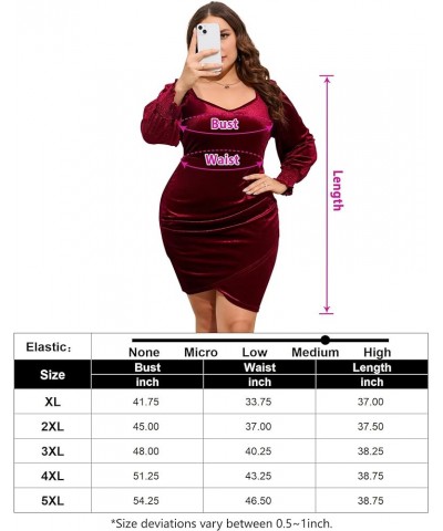 Women Plus Size Velvet Dress Long Sleeve Sweetheart Neck Ruched Stretchy Cocktail Party Midi Dress Wine Red $10.70 Dresses