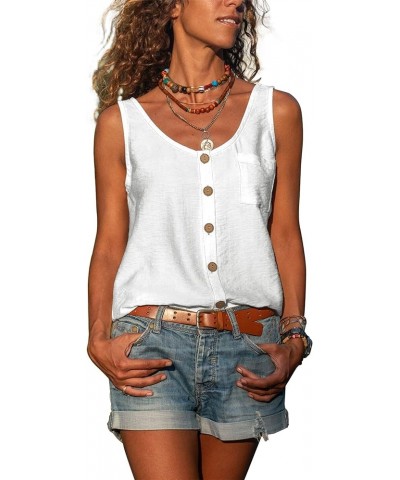 Women's Button Down Tank Tops Scoop Neck Sleeveless T Shirts Blouses Loose Fit with Pocket White $12.47 Tanks