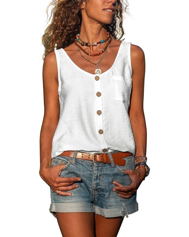 Women's Button Down Tank Tops Scoop Neck Sleeveless T Shirts Blouses Loose Fit with Pocket White $12.47 Tanks