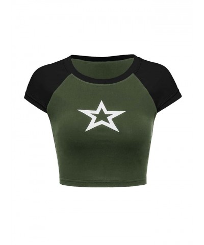 Women's Star Print Color Block Crop Tee Top Slim Fit Short Sleeve T Shirt Black and White XS Medium Army Green $12.41 T-Shirts