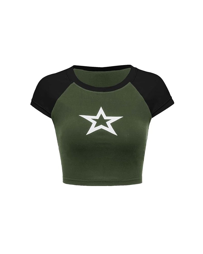 Women's Star Print Color Block Crop Tee Top Slim Fit Short Sleeve T Shirt Black and White XS Medium Army Green $12.41 T-Shirts