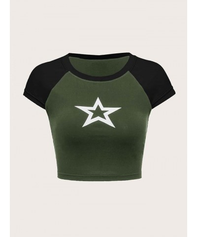 Women's Star Print Color Block Crop Tee Top Slim Fit Short Sleeve T Shirt Black and White XS Medium Army Green $12.41 T-Shirts