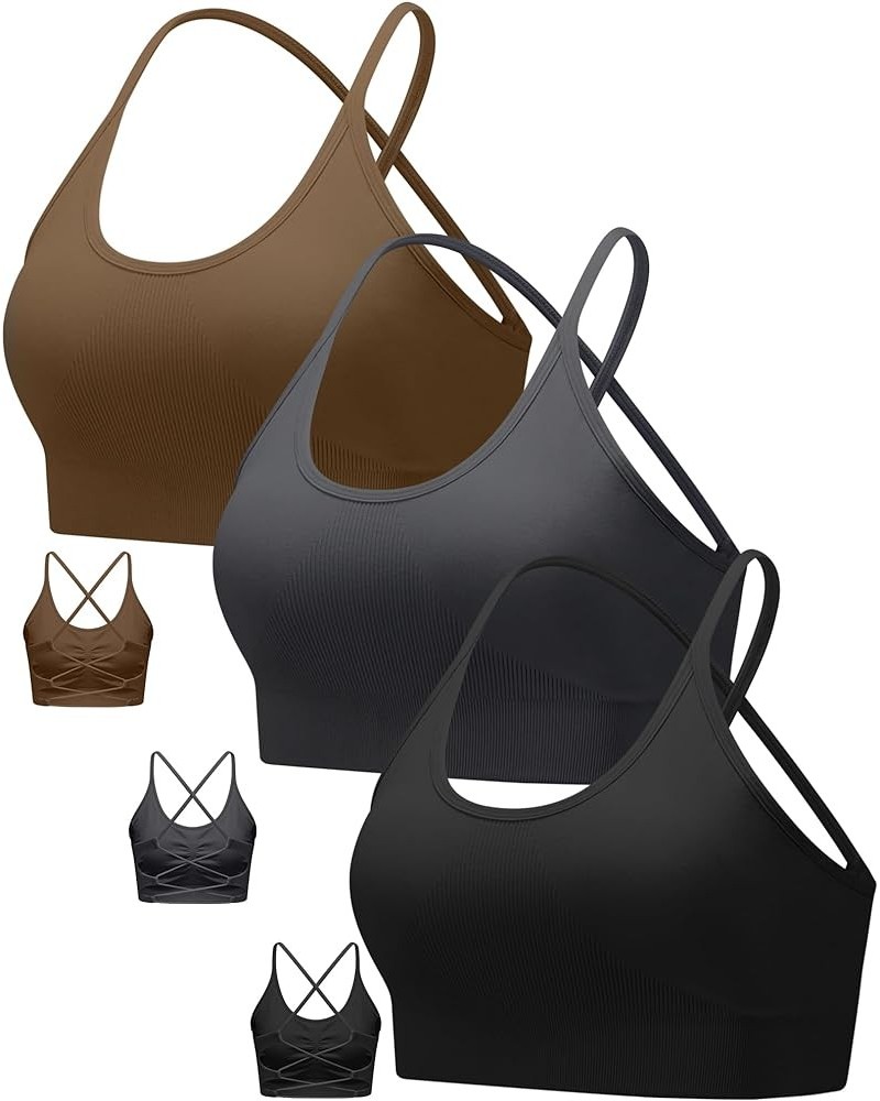 Sports Bras for Women,Sexy Crisscross Back Seamless Padded Sports Bra Medium Support with Removable Pads A-black+grey+brown $...