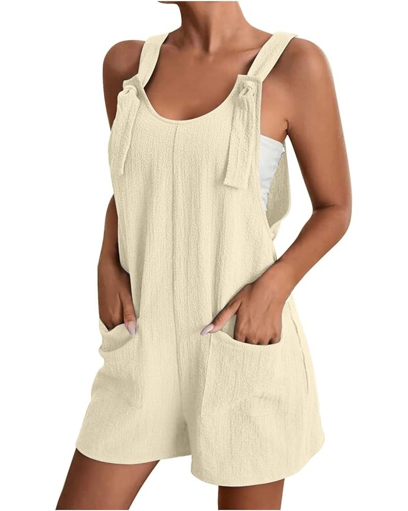 Jumpsuits for Women 2023 Summer Short Rompers Casual Loose Sleeveless Tie Knot Strap Jumpsuits Overalls with Pockets 02-beige...