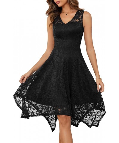 Women's Elegant Floral Lace Sleeveless Handkerchief Hem Asymmetrical Cocktail Party Swing Dress Black-style 1 $21.42 Dresses