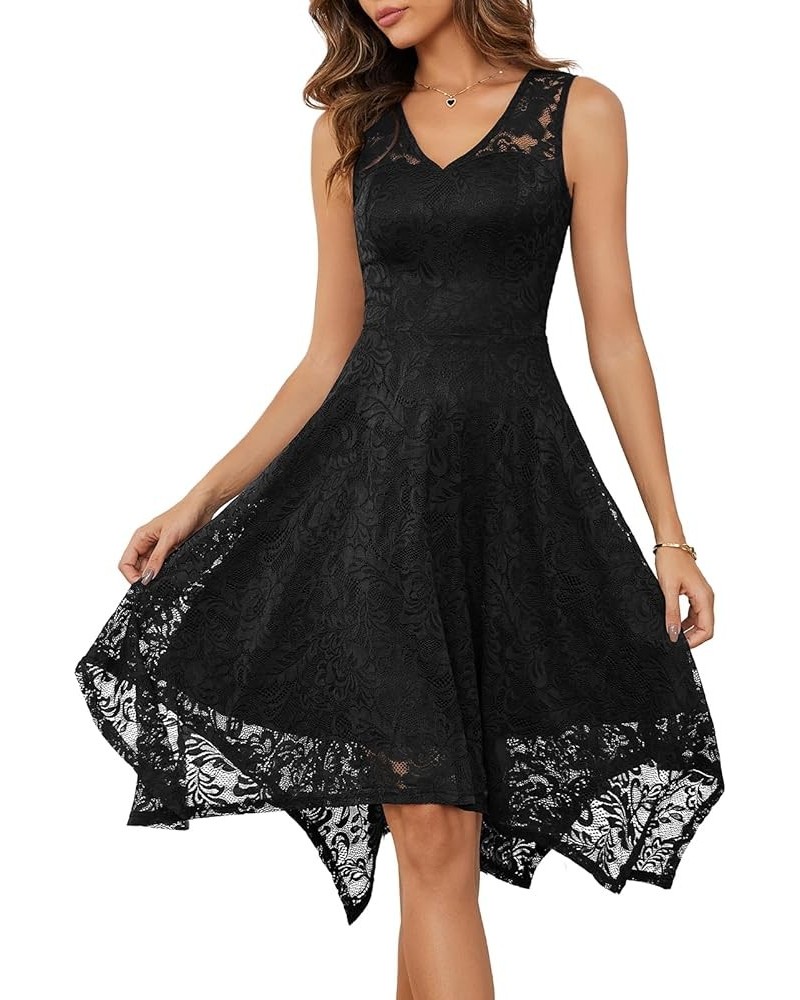 Women's Elegant Floral Lace Sleeveless Handkerchief Hem Asymmetrical Cocktail Party Swing Dress Black-style 1 $21.42 Dresses