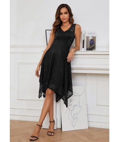 Women's Elegant Floral Lace Sleeveless Handkerchief Hem Asymmetrical Cocktail Party Swing Dress Black-style 1 $21.42 Dresses