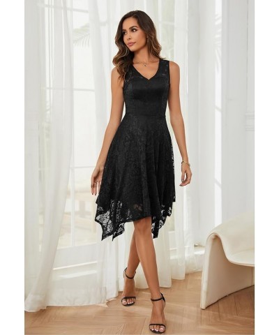 Women's Elegant Floral Lace Sleeveless Handkerchief Hem Asymmetrical Cocktail Party Swing Dress Black-style 1 $21.42 Dresses