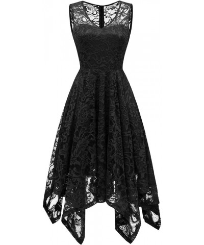 Women's Elegant Floral Lace Sleeveless Handkerchief Hem Asymmetrical Cocktail Party Swing Dress Black-style 1 $21.42 Dresses