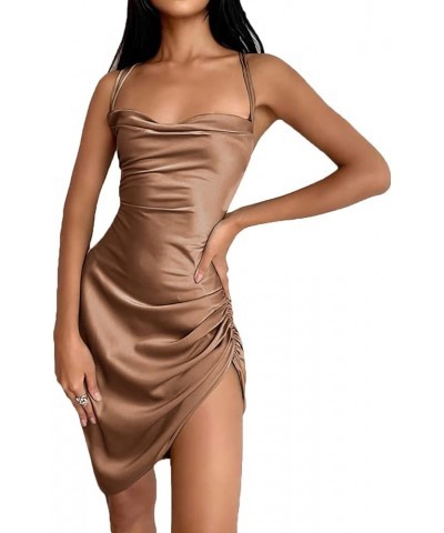 Women's Sexy Spaghetti Strap Backless Lace up Bodycon Party Dress Brown1 $10.87 Dresses