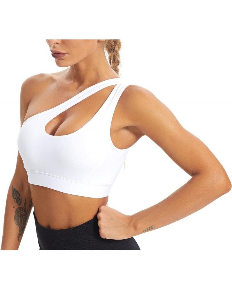 One Shoulder Sports Bra for Women Sexy Cute Workout Yoga Bra Medium Support A-white $12.25 Lingerie