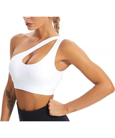 One Shoulder Sports Bra for Women Sexy Cute Workout Yoga Bra Medium Support A-white $12.25 Lingerie