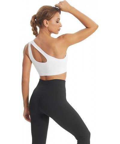 One Shoulder Sports Bra for Women Sexy Cute Workout Yoga Bra Medium Support A-white $12.25 Lingerie