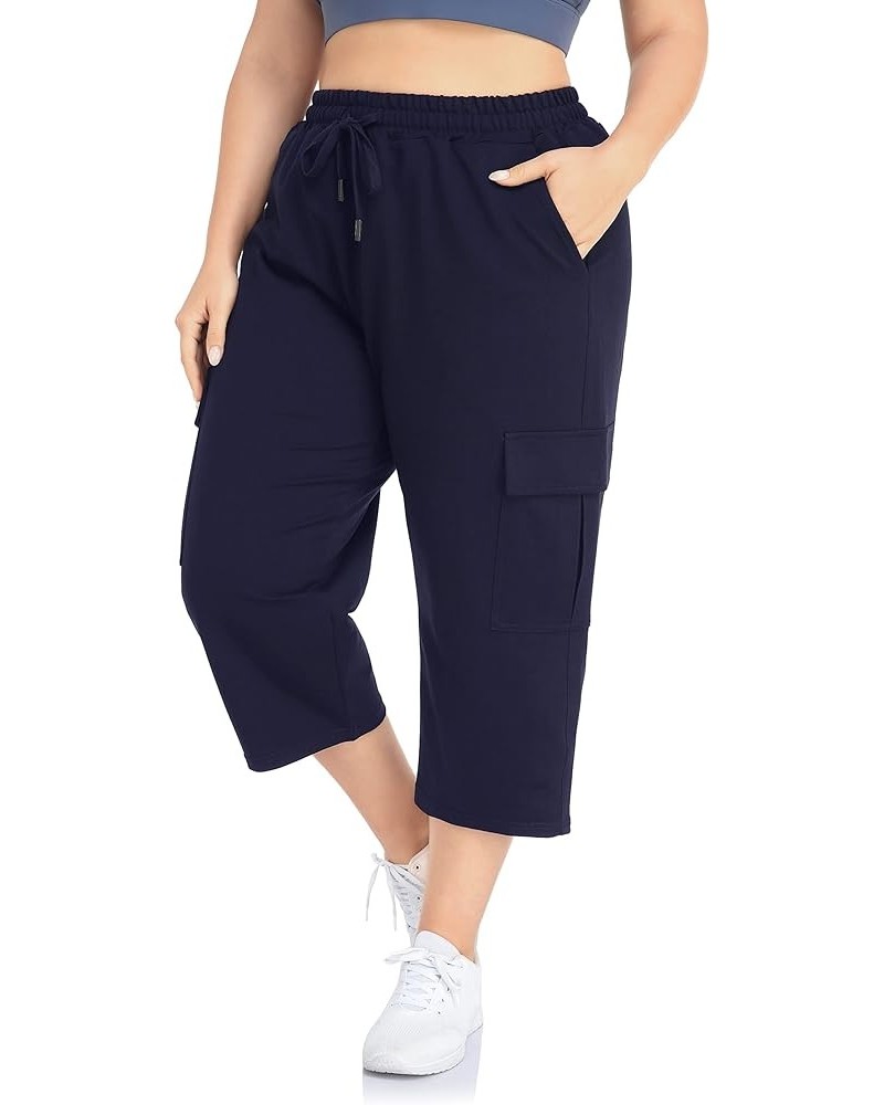 Women's Plus Size Cargo Capri Sweatpants Active Workout Casual Sweat Crop Pants Pockets Drawstring Navy $14.10 Activewear