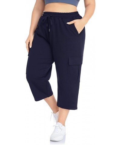 Women's Plus Size Cargo Capri Sweatpants Active Workout Casual Sweat Crop Pants Pockets Drawstring Navy $14.10 Activewear