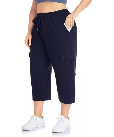 Women's Plus Size Cargo Capri Sweatpants Active Workout Casual Sweat Crop Pants Pockets Drawstring Navy $14.10 Activewear