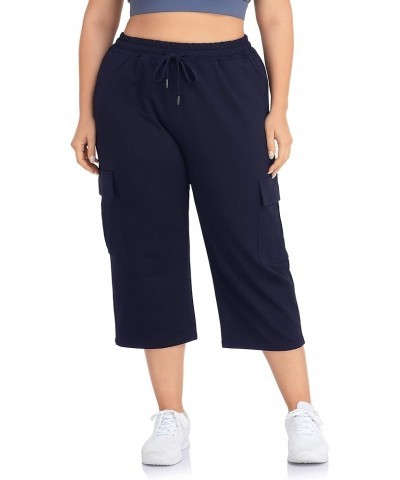 Women's Plus Size Cargo Capri Sweatpants Active Workout Casual Sweat Crop Pants Pockets Drawstring Navy $14.10 Activewear