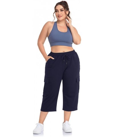 Women's Plus Size Cargo Capri Sweatpants Active Workout Casual Sweat Crop Pants Pockets Drawstring Navy $14.10 Activewear