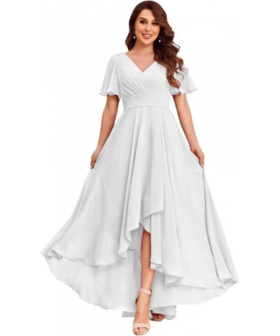 Chiffon V Neck Bridesmaid Dresses with Sleeves for Wedding High Low Formal Evening Gown with Pockets White $32.20 Dresses