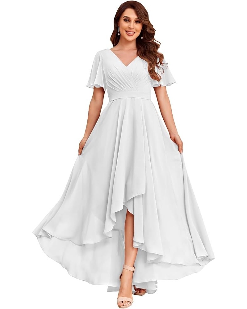 Chiffon V Neck Bridesmaid Dresses with Sleeves for Wedding High Low Formal Evening Gown with Pockets White $32.20 Dresses