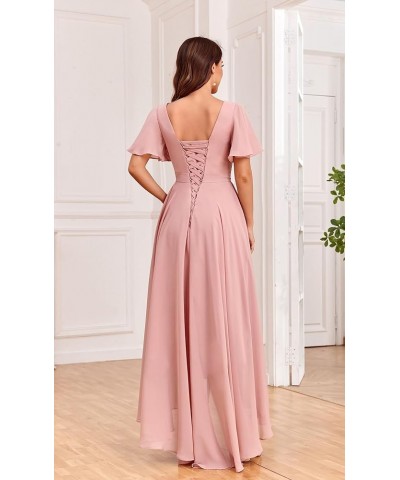 Chiffon V Neck Bridesmaid Dresses with Sleeves for Wedding High Low Formal Evening Gown with Pockets White $32.20 Dresses