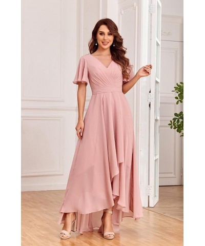 Chiffon V Neck Bridesmaid Dresses with Sleeves for Wedding High Low Formal Evening Gown with Pockets White $32.20 Dresses