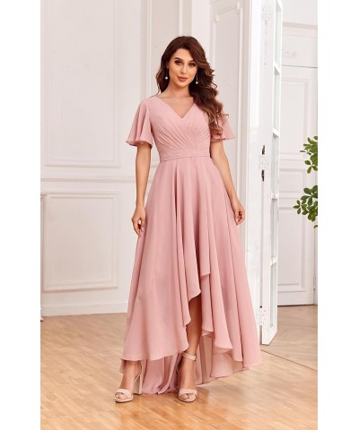 Chiffon V Neck Bridesmaid Dresses with Sleeves for Wedding High Low Formal Evening Gown with Pockets White $32.20 Dresses