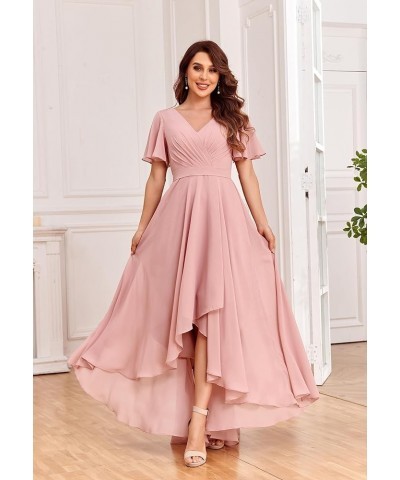 Chiffon V Neck Bridesmaid Dresses with Sleeves for Wedding High Low Formal Evening Gown with Pockets White $32.20 Dresses