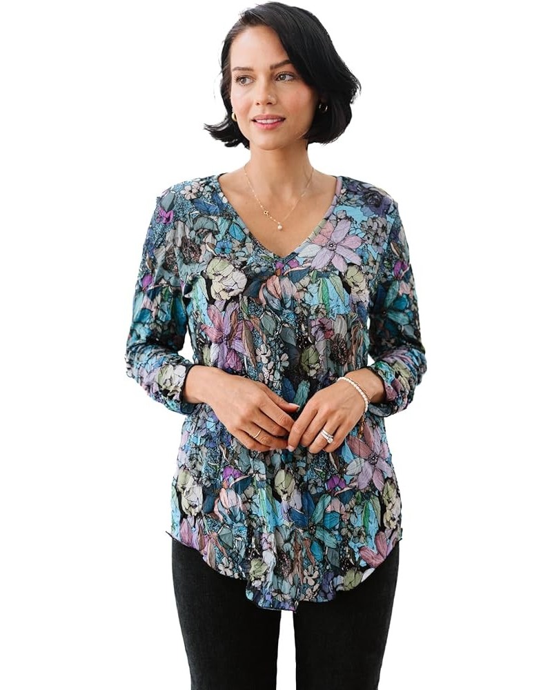 Printed Crinkle Mesh Blouse - Designer Hand-Finished Shirts for Women Potpourri $44.01 Blouses