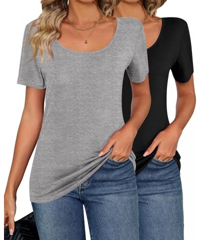 2 Pcs Womens T Shirt Tops with Scoop Neck Basic Casual Tee Women Basic Layer Shirts Black, Light Gray, Short Sleeve $20.05 T-...