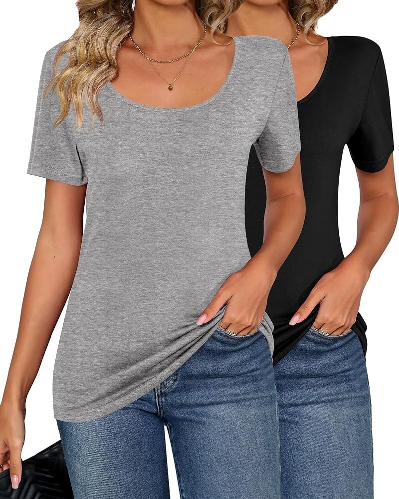 2 Pcs Womens T Shirt Tops with Scoop Neck Basic Casual Tee Women Basic Layer Shirts Black, Light Gray, Short Sleeve $20.05 T-...