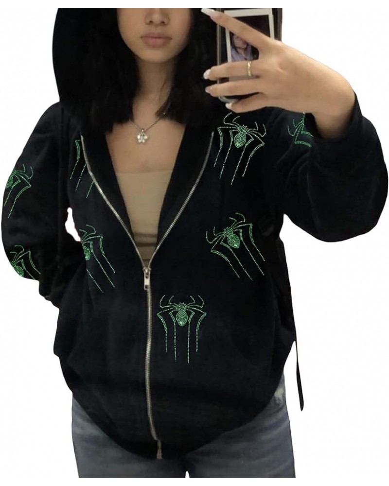 Women Y2K Spider Web Hoodies Punk Jackets Streetwear Goth Harajuku Oversized Vintage Graphic Full Zip Up Hoodie Green Spider ...