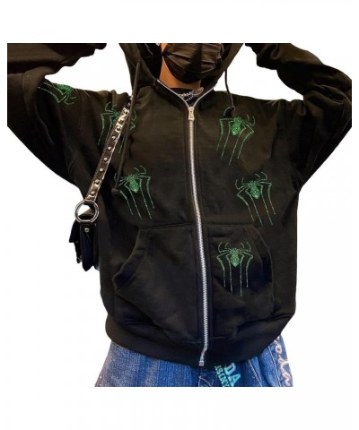 Women Y2K Spider Web Hoodies Punk Jackets Streetwear Goth Harajuku Oversized Vintage Graphic Full Zip Up Hoodie Green Spider ...