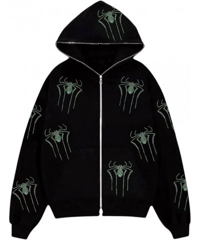 Women Y2K Spider Web Hoodies Punk Jackets Streetwear Goth Harajuku Oversized Vintage Graphic Full Zip Up Hoodie Green Spider ...