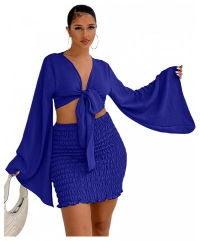 Women's 2 Piece Outfits Tie Knot Front Bell Long Sleeve Crop Top and Mini Skirt Set Royal Blue $19.25 Suits