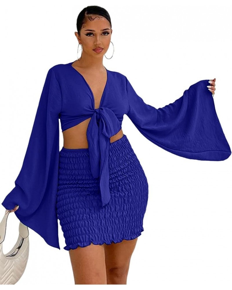 Women's 2 Piece Outfits Tie Knot Front Bell Long Sleeve Crop Top and Mini Skirt Set Royal Blue $19.25 Suits