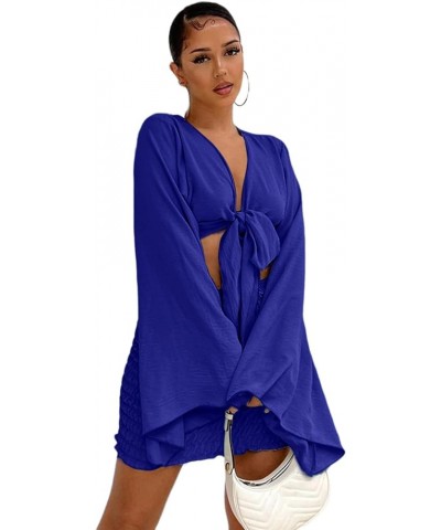 Women's 2 Piece Outfits Tie Knot Front Bell Long Sleeve Crop Top and Mini Skirt Set Royal Blue $19.25 Suits