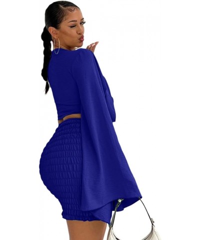 Women's 2 Piece Outfits Tie Knot Front Bell Long Sleeve Crop Top and Mini Skirt Set Royal Blue $19.25 Suits