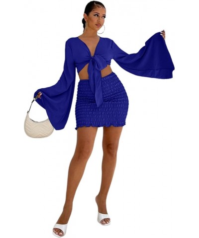 Women's 2 Piece Outfits Tie Knot Front Bell Long Sleeve Crop Top and Mini Skirt Set Royal Blue $19.25 Suits