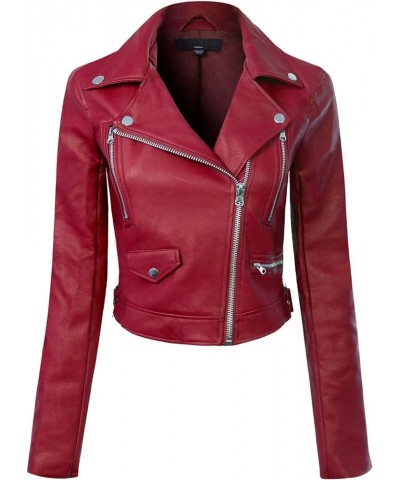 Women's Long Sleeve Zipper Closure Moto Biker Faux Leather Jacket Burgundy $20.00 Coats