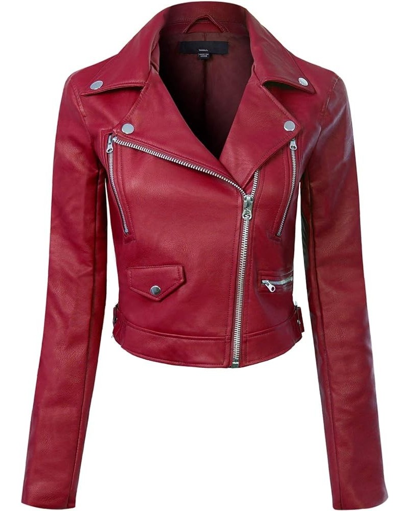 Women's Long Sleeve Zipper Closure Moto Biker Faux Leather Jacket Burgundy $20.00 Coats