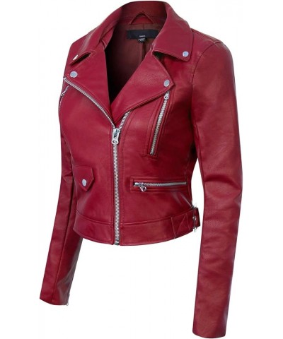 Women's Long Sleeve Zipper Closure Moto Biker Faux Leather Jacket Burgundy $20.00 Coats