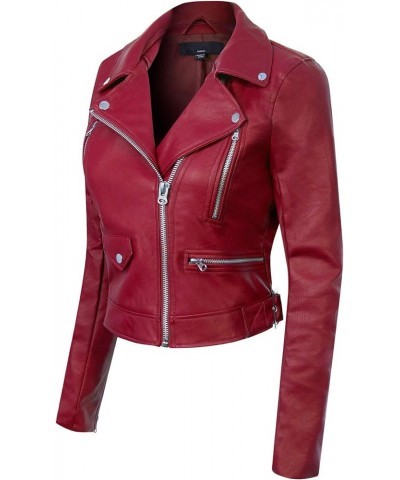 Women's Long Sleeve Zipper Closure Moto Biker Faux Leather Jacket Burgundy $20.00 Coats