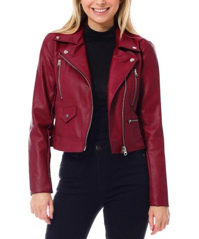 Women's Long Sleeve Zipper Closure Moto Biker Faux Leather Jacket Burgundy $20.00 Coats