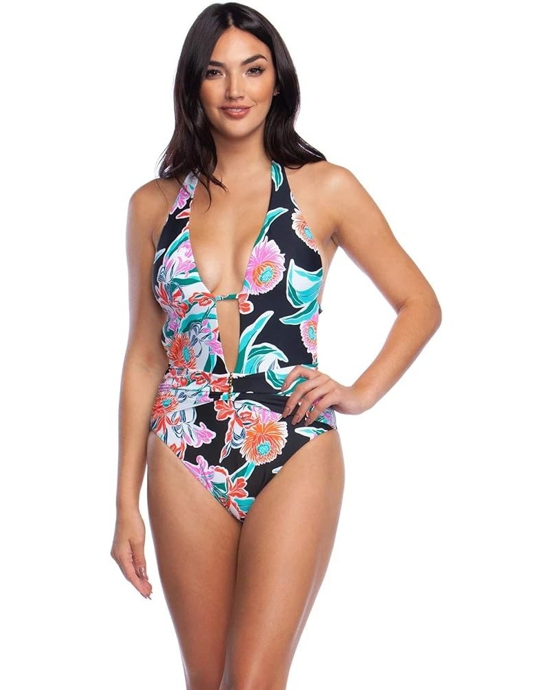 Women's V-Front Keyhole Halter One Piece Swimsuit Black//Tropic Wave $48.81 Swimsuits