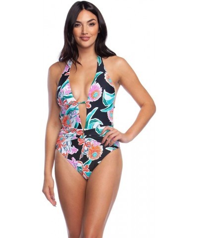 Women's V-Front Keyhole Halter One Piece Swimsuit Black//Tropic Wave $48.81 Swimsuits